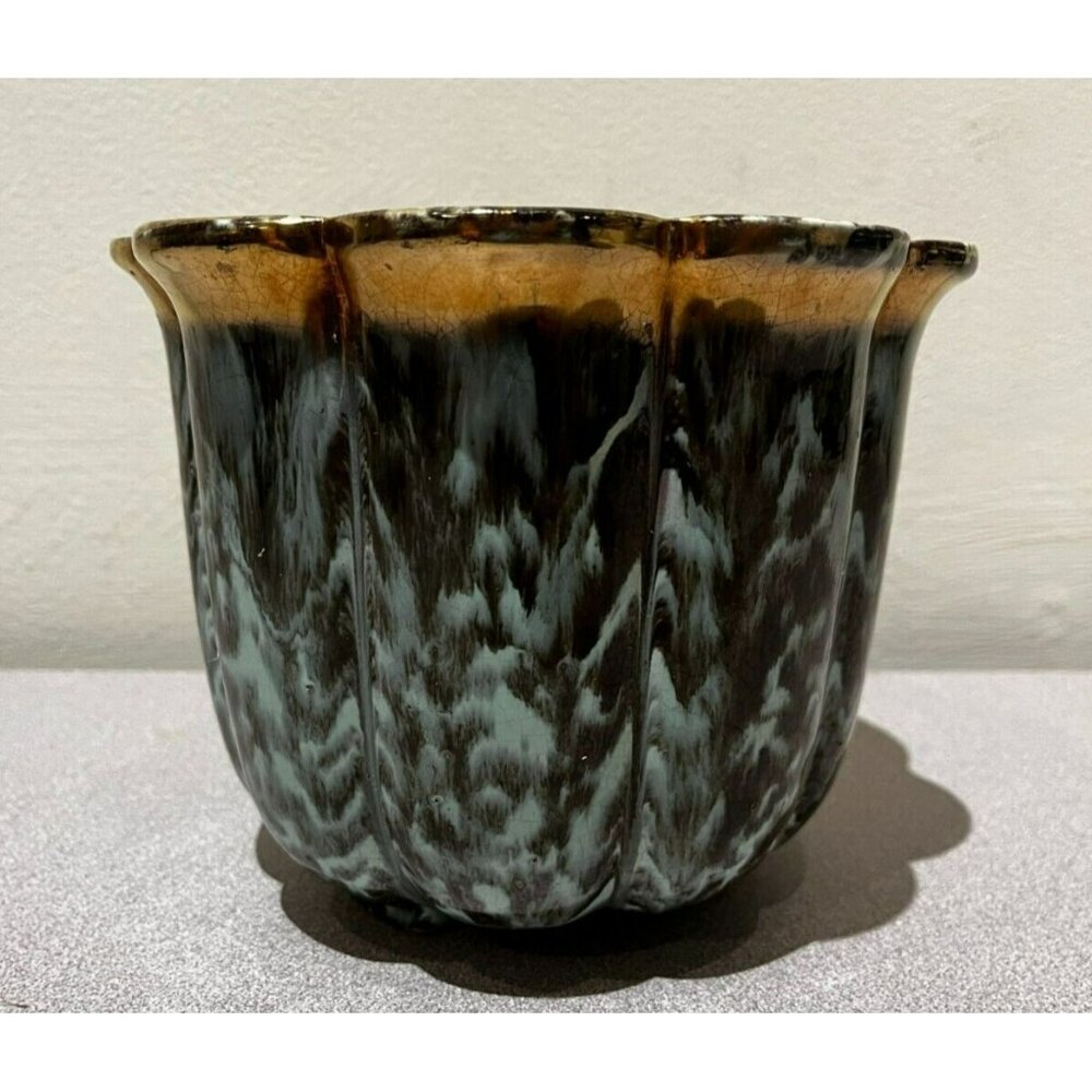 Vintage Fohr Ceramic GERMANY Green Gold Glazed drip bowl 7"